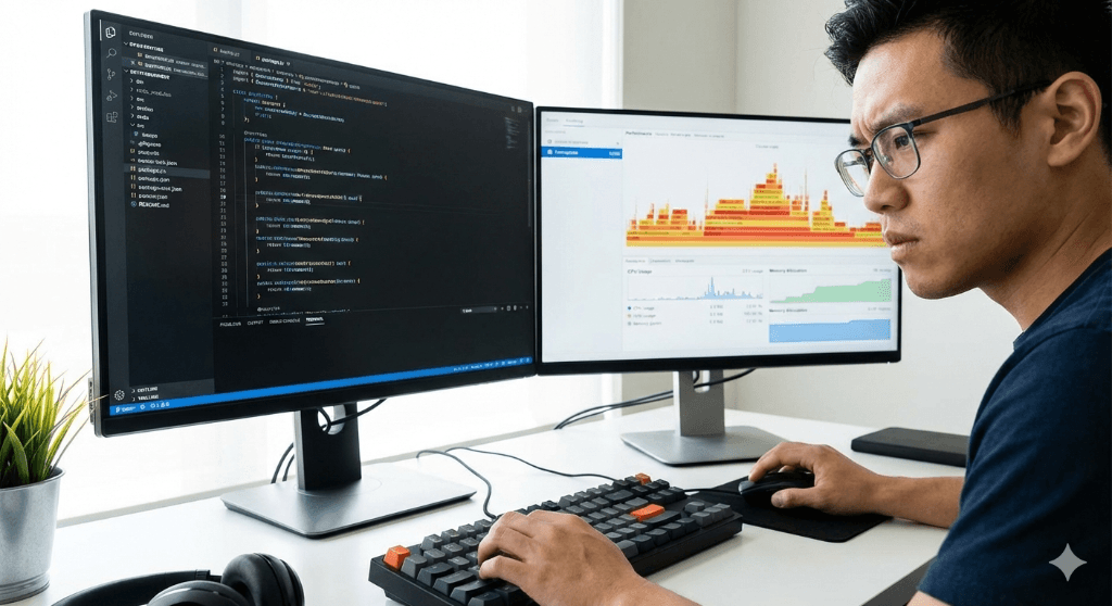 Software engineer performing code optimization with performance profiling tools