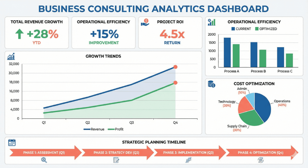 Business consulting analytics dashboard showing revenue growth, efficiency improvements, and ROI metrics