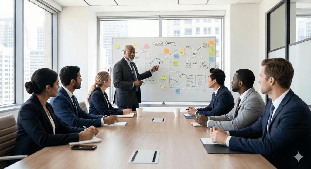 Consultant leading strategic planning session with diverse executive team