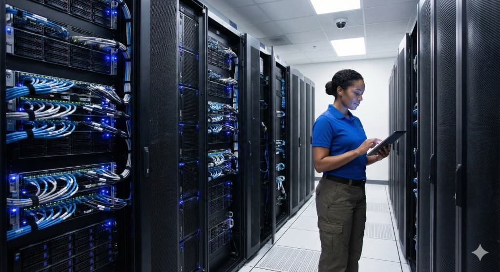 Modern enterprise data center with professional IT infrastructure management