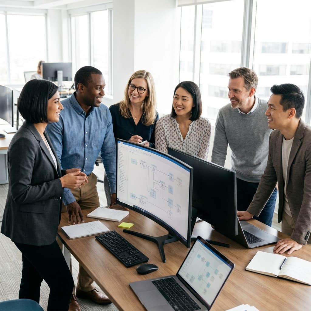 Professional team collaborating on integration implementation