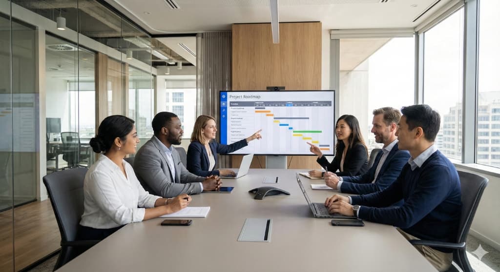 Diverse professional team planning migration project with roadmap