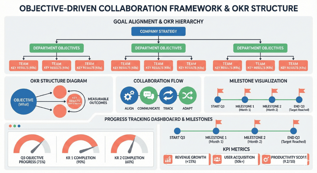 Objective-driven collaboration framework showing OKR structure, goal alignment, and progress tracking