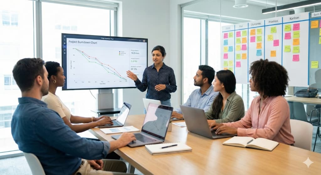 Team progress review meeting with project burndown chart and kanban board